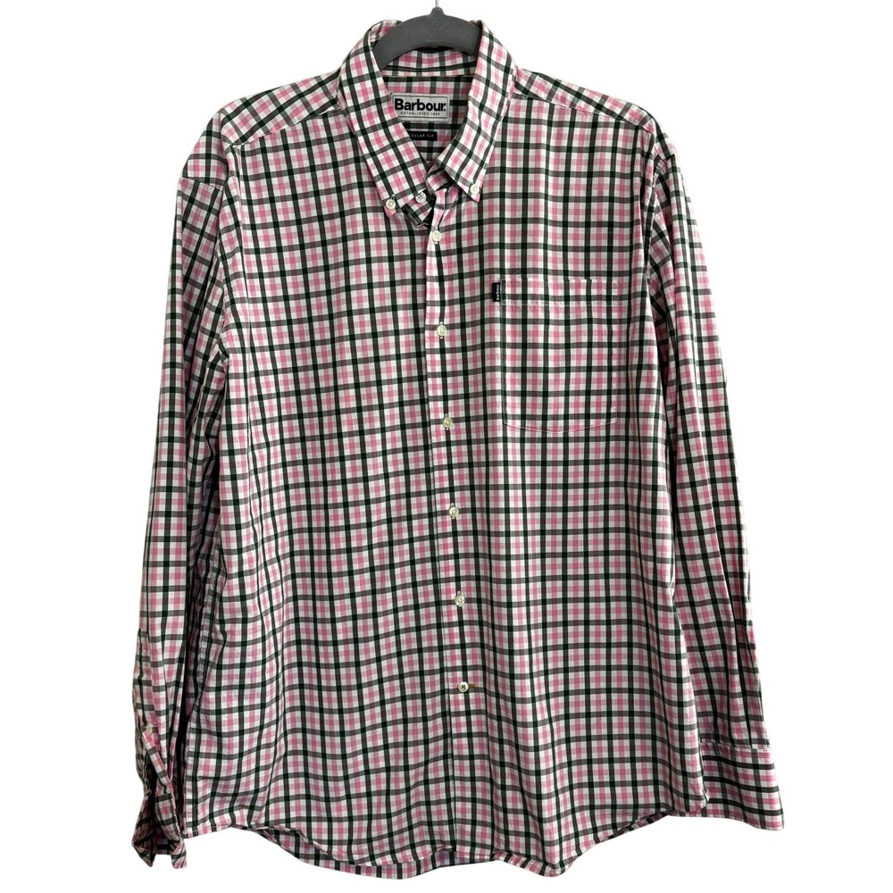 Barbour Mens Regular Fit Gingham Button Down Shirt Pink Green White Size M